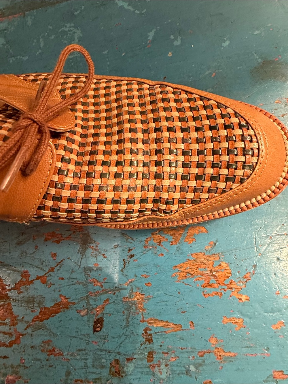 Manolo Blahnik Woven Leather Loafer in Tan, cream and olive green